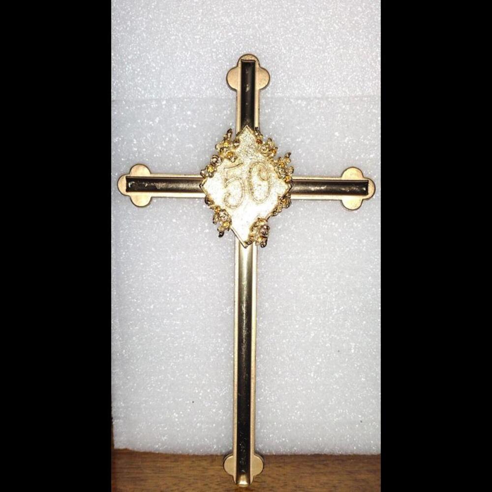 50th Anniversary Cross Gold Tone Austrian Topaz Crystals Christian Religious